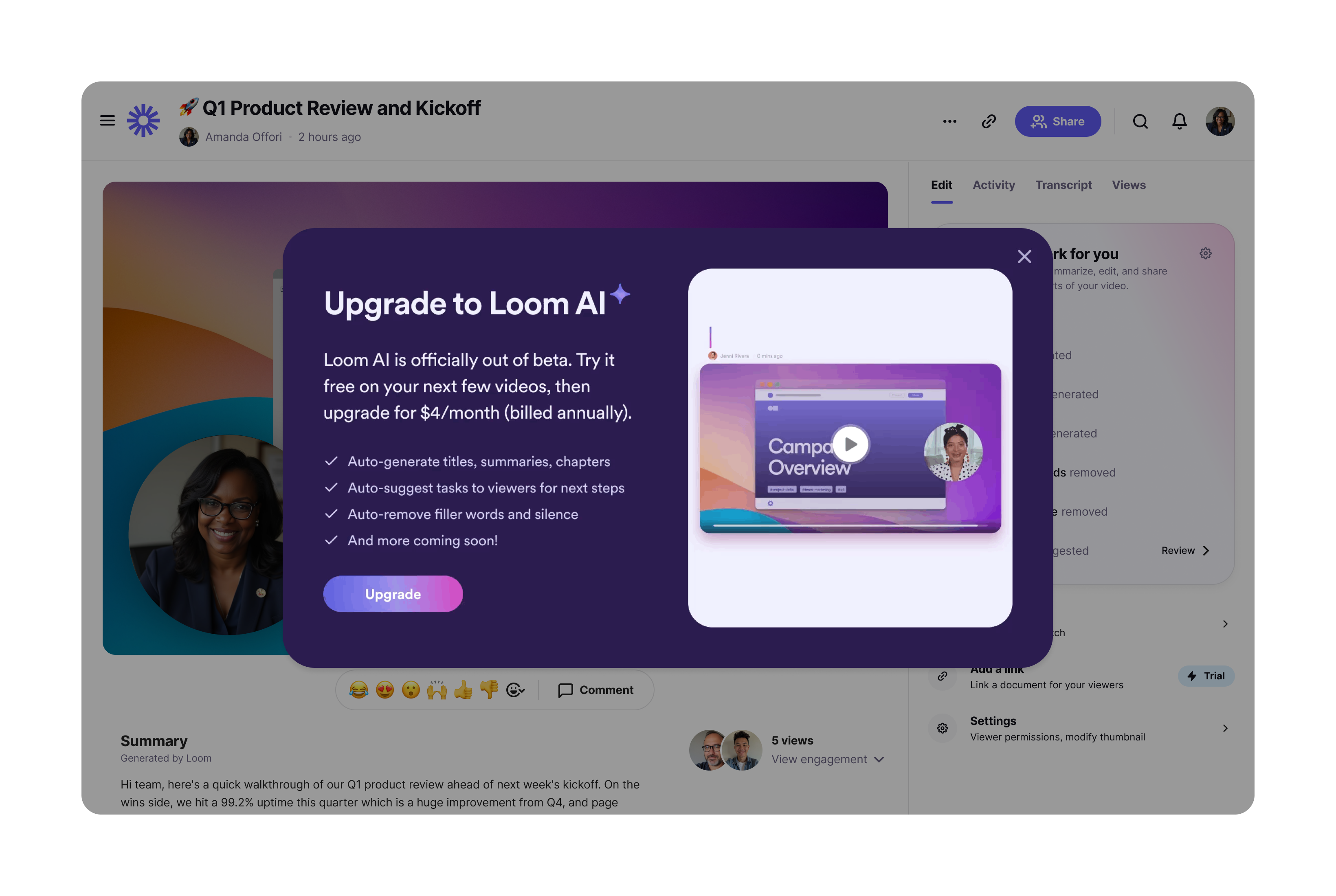A modal over a Loom video page headed Upgrade to Loom AI, with the line Loom AI is officially out of beta, four benefits, and a single Upgrade button