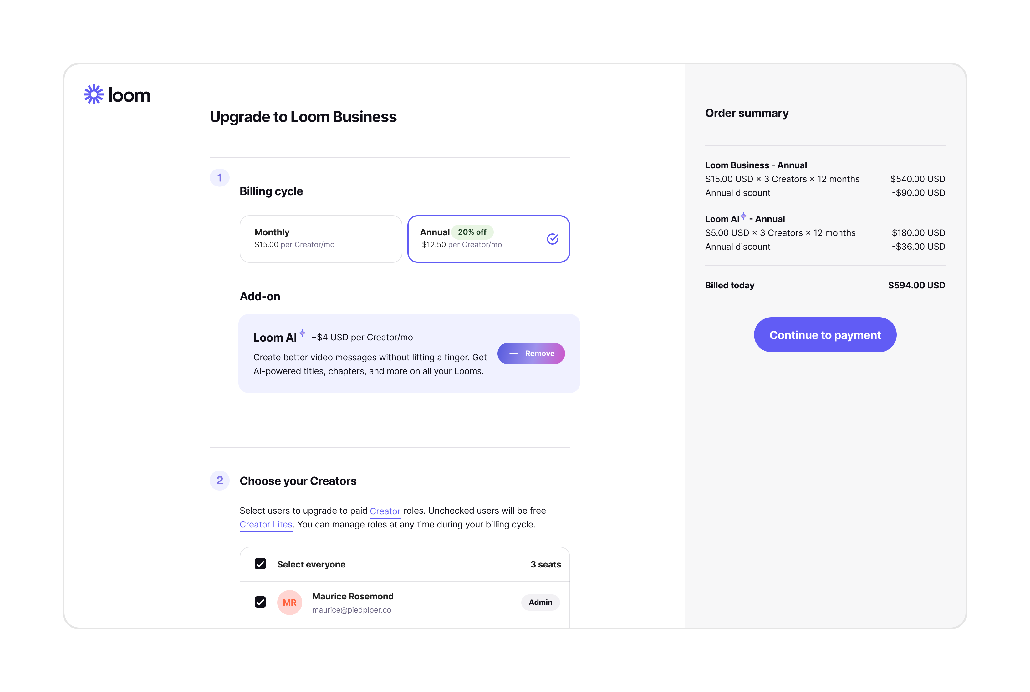 The Upgrade to Loom Business checkout with a Loom AI add-on already added and a Remove button, beside an order summary listing both line items