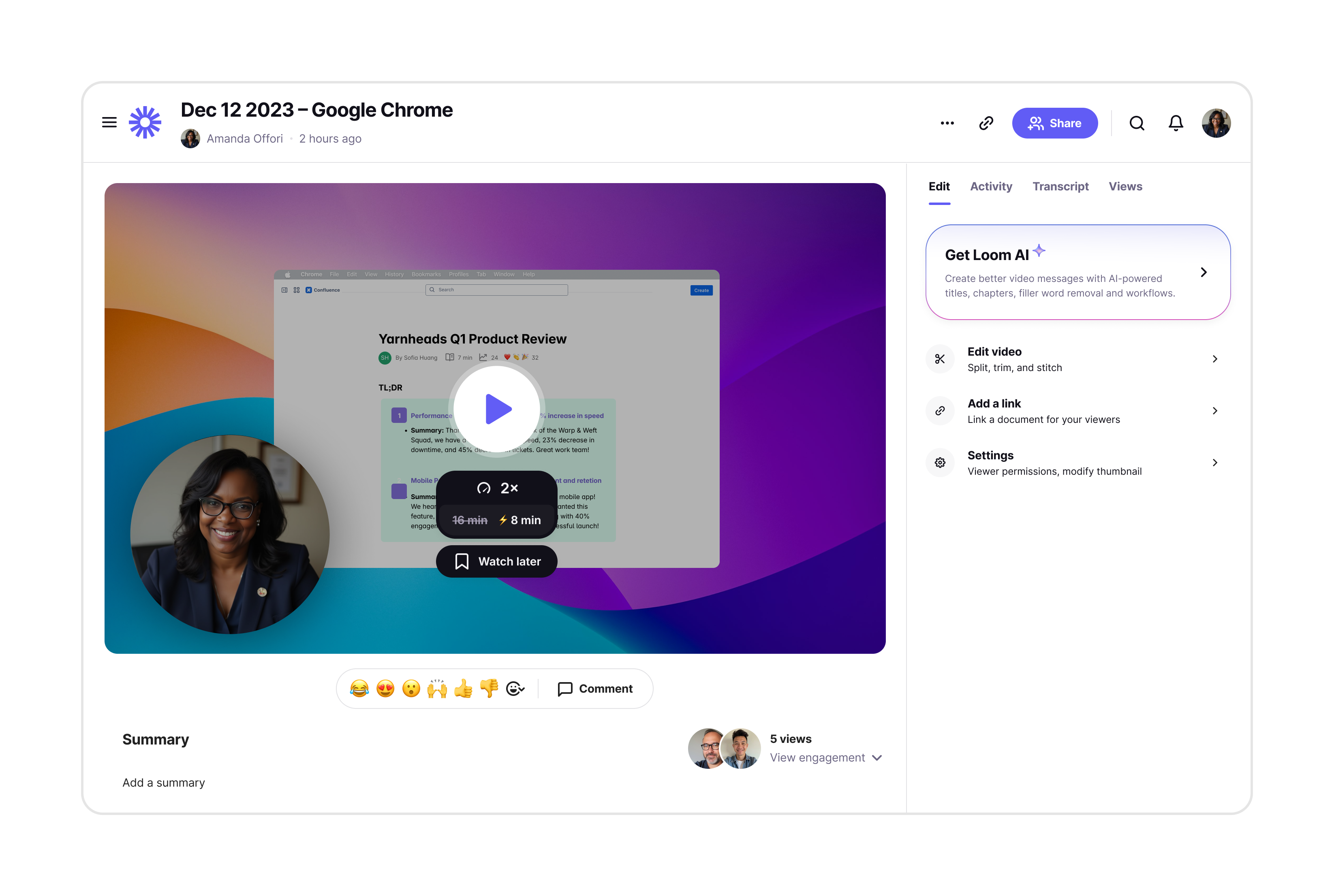 A Loom video page with a Get Loom AI card at the top of the right rail, above the Edit video, Add a link, and Settings tools