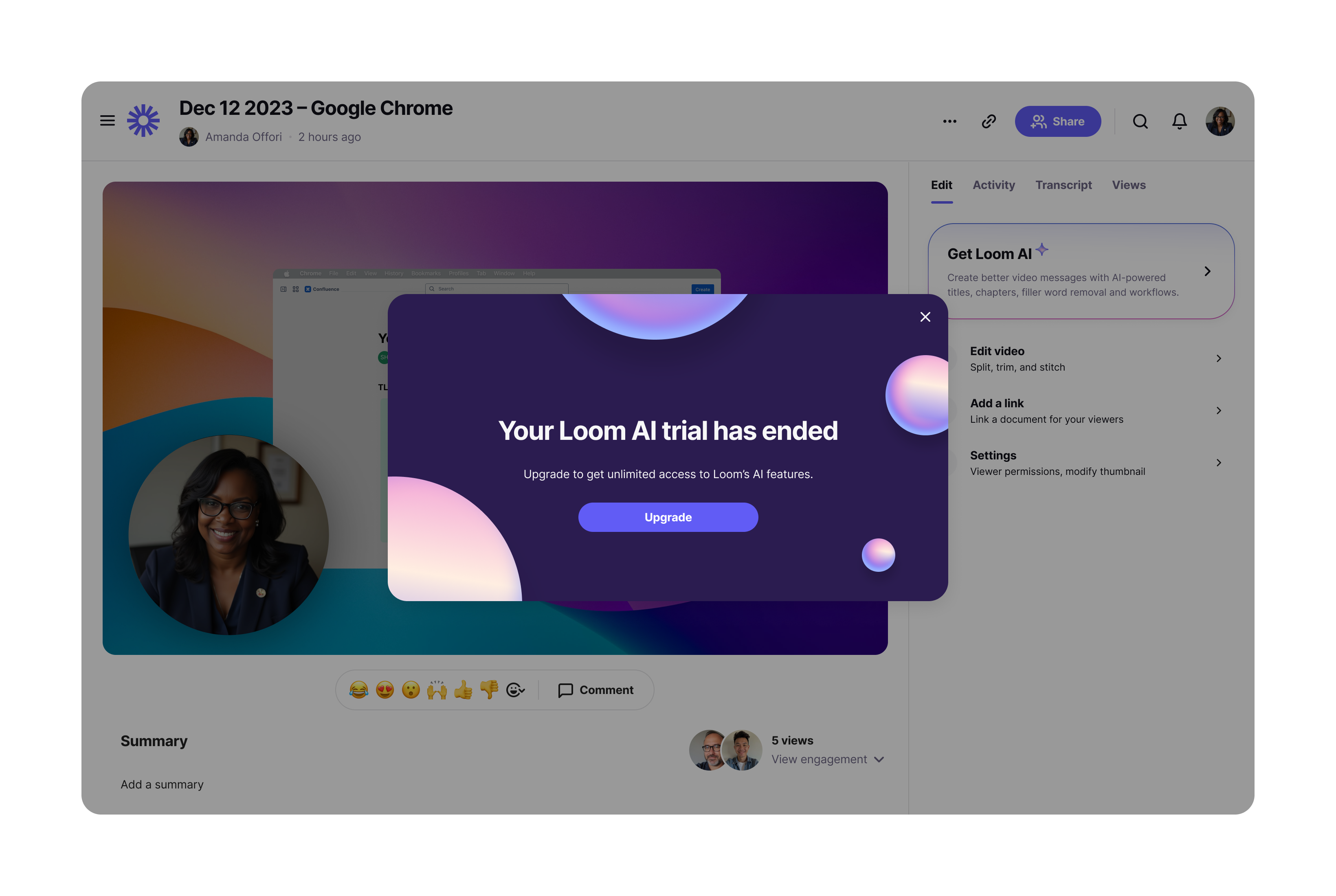 A modal over a Loom video page reading Your Loom AI trial has ended, with one Upgrade button