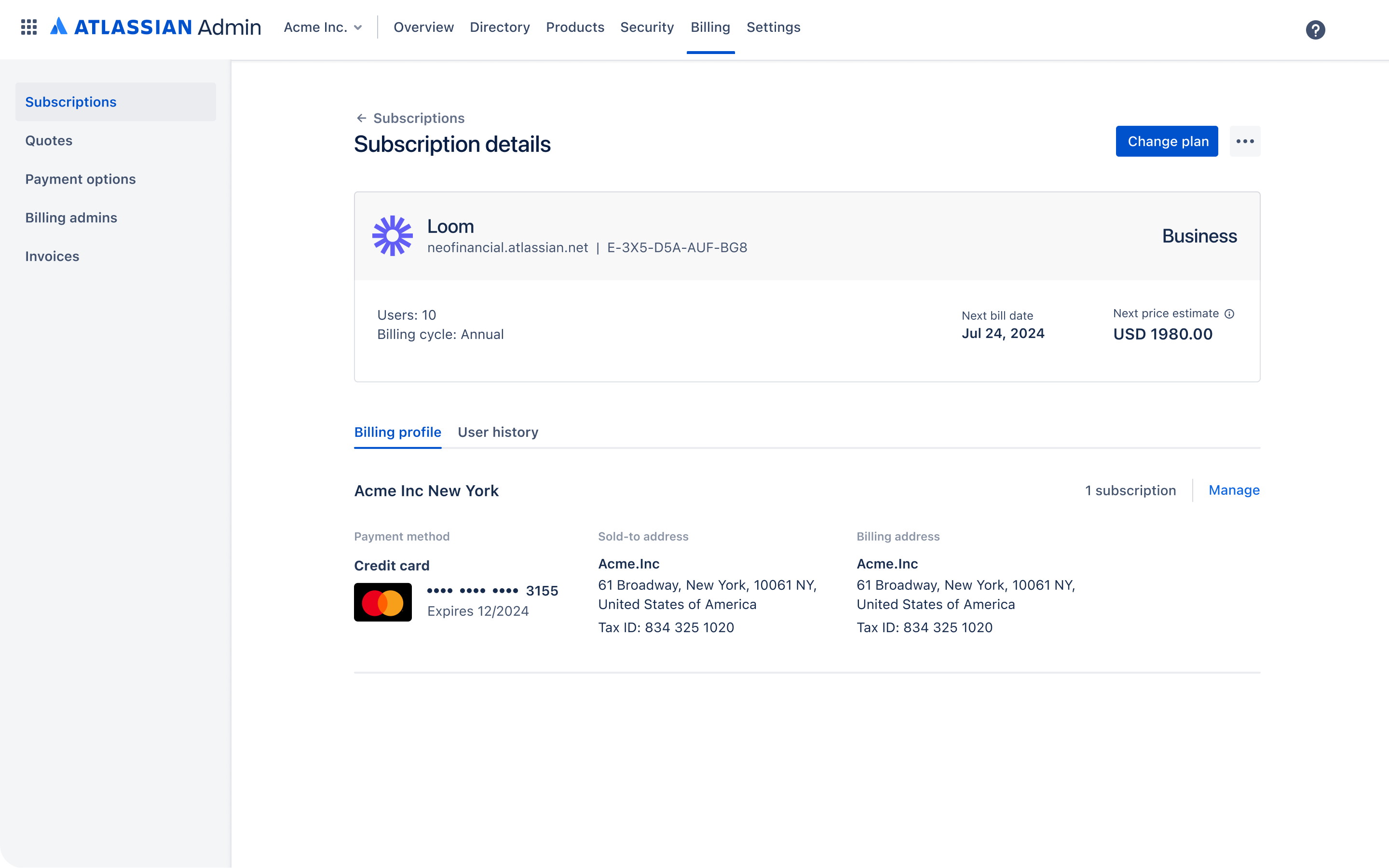 Atlassian Admin subscription details page showing the Loom plan, seat count, next bill date, and billing profile