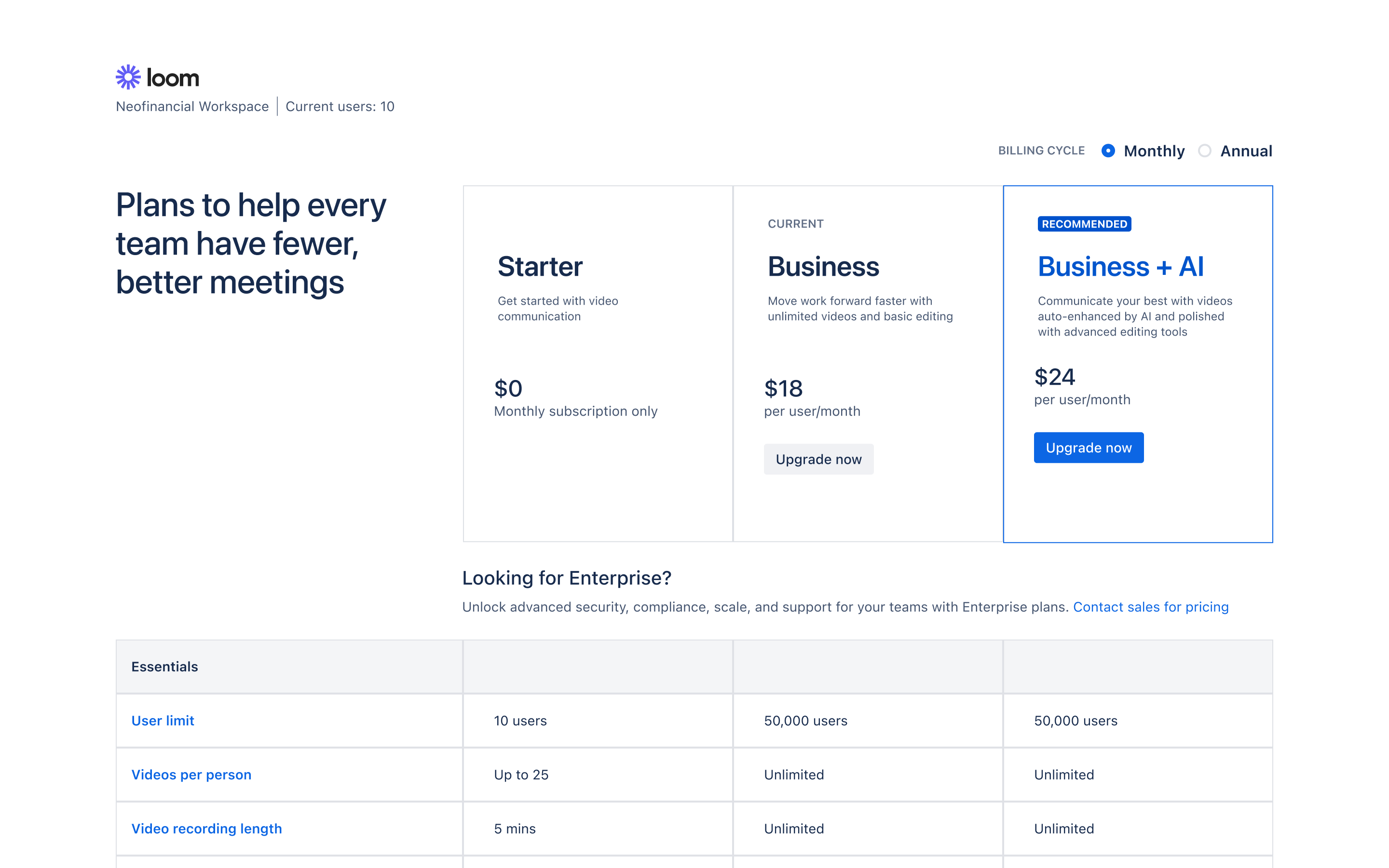 Loom pricing page with Starter, Business marked as current, and Business plus AI marked as recommended, above a monthly and annual billing toggle